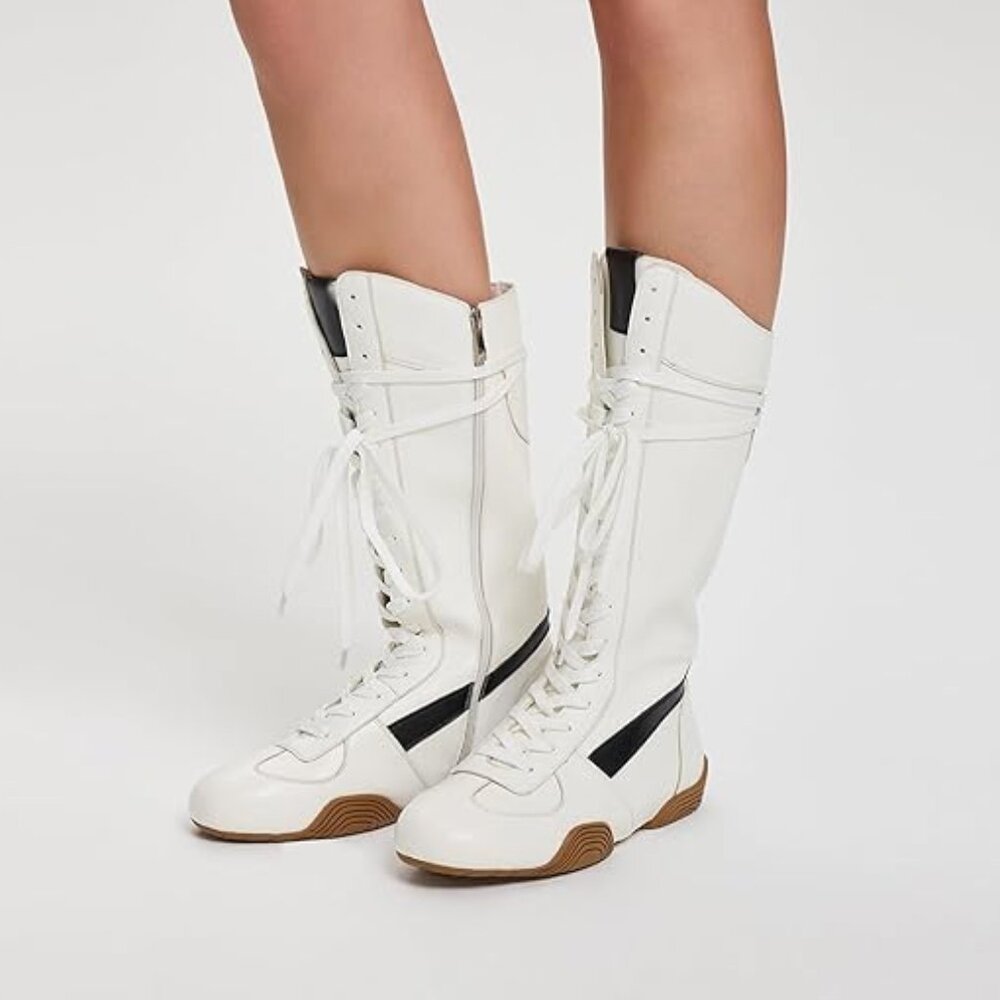 Womens Suede Lace Up Tall Boxing Boots - Retro Style Knee-High Streetwear-White
